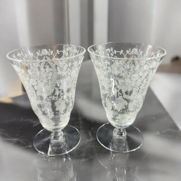 Antique Tiffin Franciscan June Nights Clear Etched Floral Goblet Glasses Set 2 - Picture 1 of 11